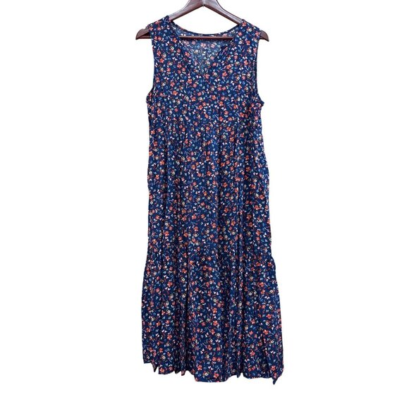 Dresses & Skirts - Navy Floral Print Sleeveless Viscose Maxi Dress Long Loose Fit Boho Summer Dress
